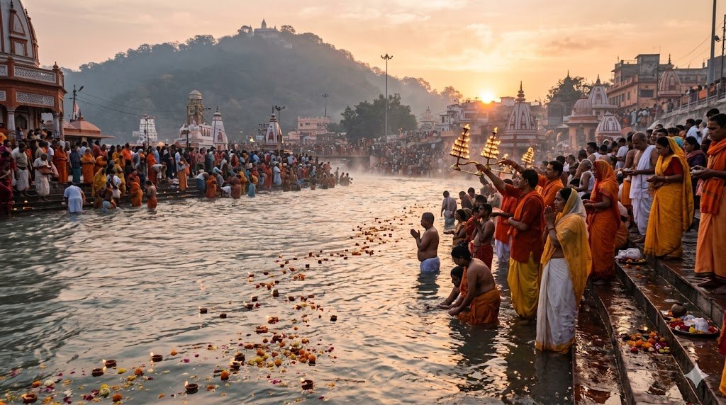 Ganga Jayanthi date timings 2026 devotees performing holy bath at Har Ki Pauri Haridwar at sunrise