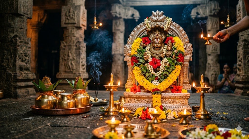 Narasimha Jayanti 2026 evening temple puja with oil lamps and tulsi offerings
