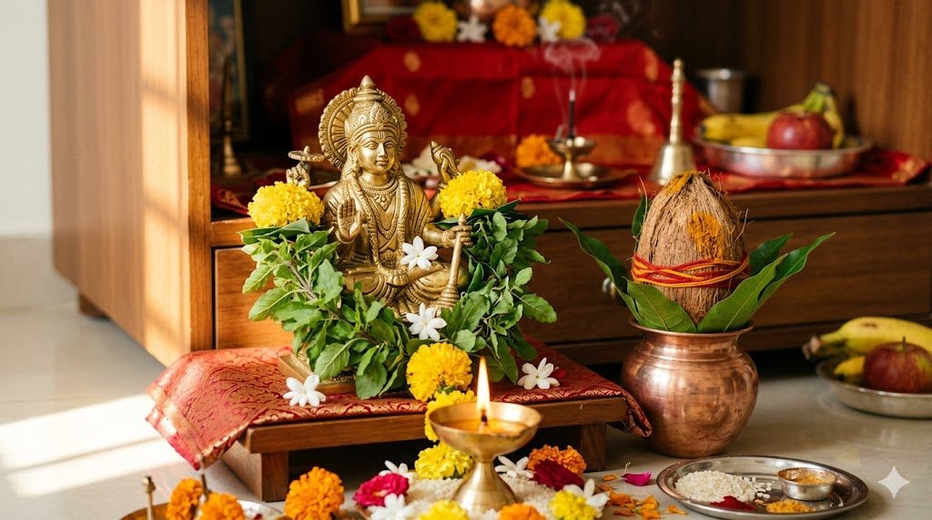 Nirjala Ekadashi 2026 puja setup with Vishnu idol, tulsi leaves, and lit diya