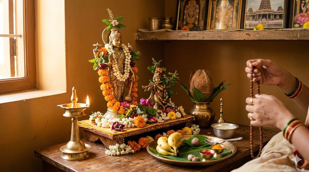 Adhika Maasa Begins Date 2026 - Lord Vishnu altar with tulsi, ghee lamp and kalasha for Purushottam Maas sankalpa