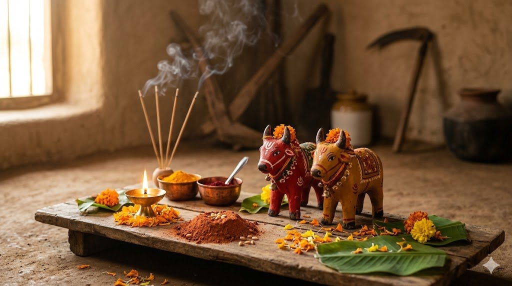 Mannettina Amavasya 2026 clay bullocks with soil mound, turmeric, marigolds and brass oil lamp arranged for traditional farmer puja
