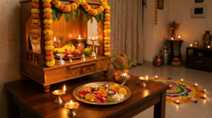 Dhanteras pooja procedure at home with brass diyas, flowers and puja samagri