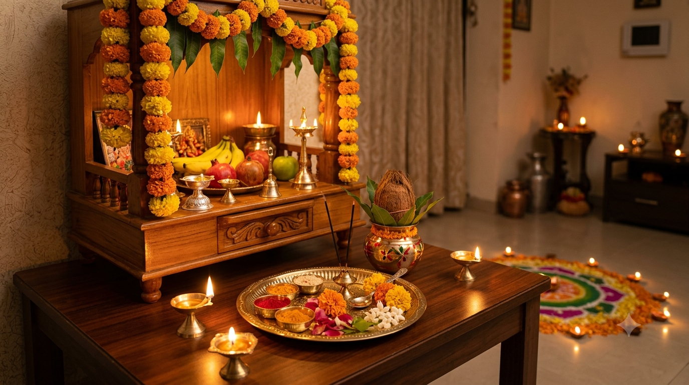 Dhanteras pooja procedure at home with brass diyas, flowers and puja samagri
