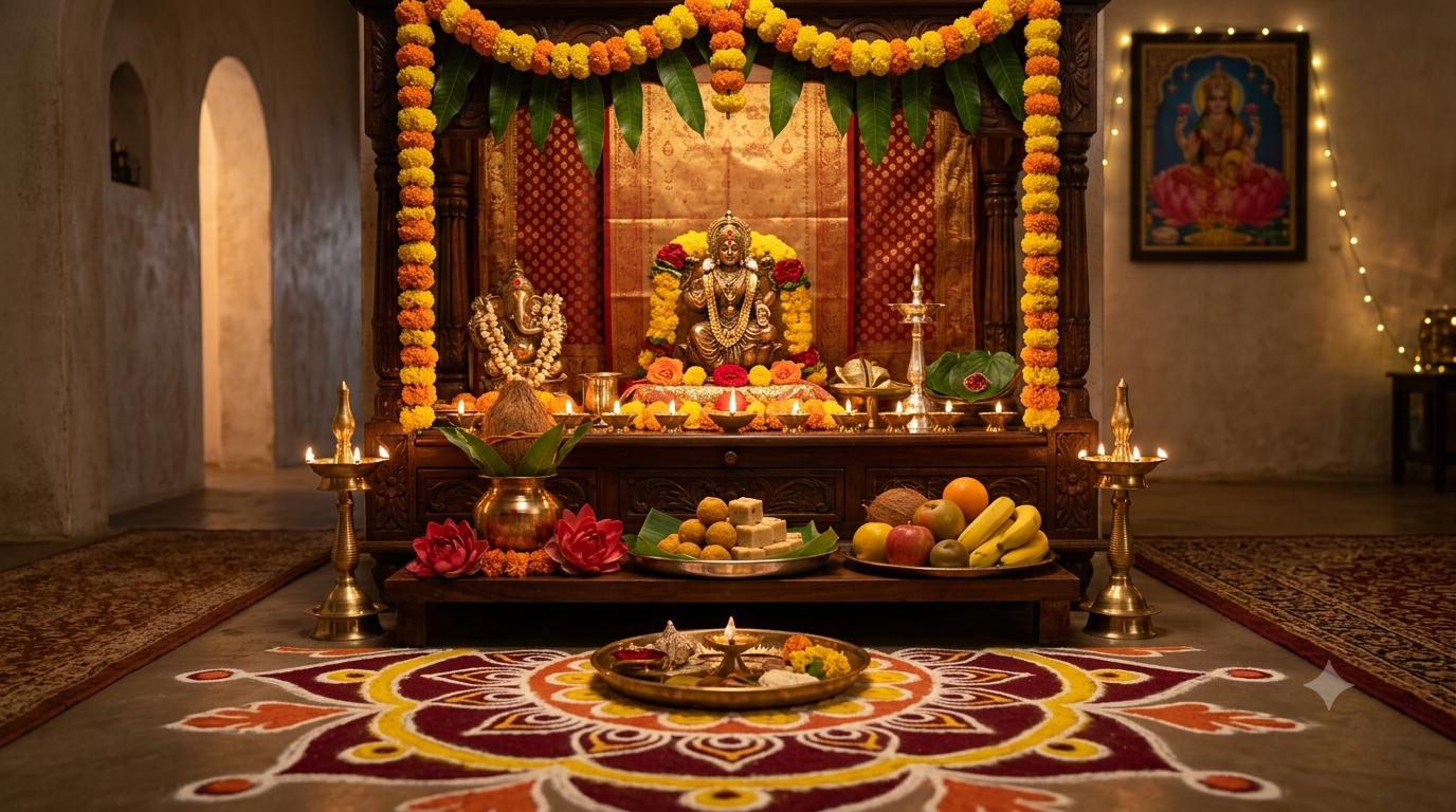 Diwali Lakshmi pooja 2026 home altar with glowing diyas, marigold flowers and traditional puja offerings