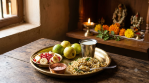 Ekadashi fasting rules: brass thali of fruit, milk and sabudana before a home Vishnu shrine