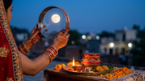 Karva chauth vratam puja thali with karva, diya and sieve raised toward the full moon at dusk