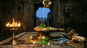 Devotee performing Pradosha Vratam abhishekam on a Shiva Lingam during Pradosh Kaal twilight