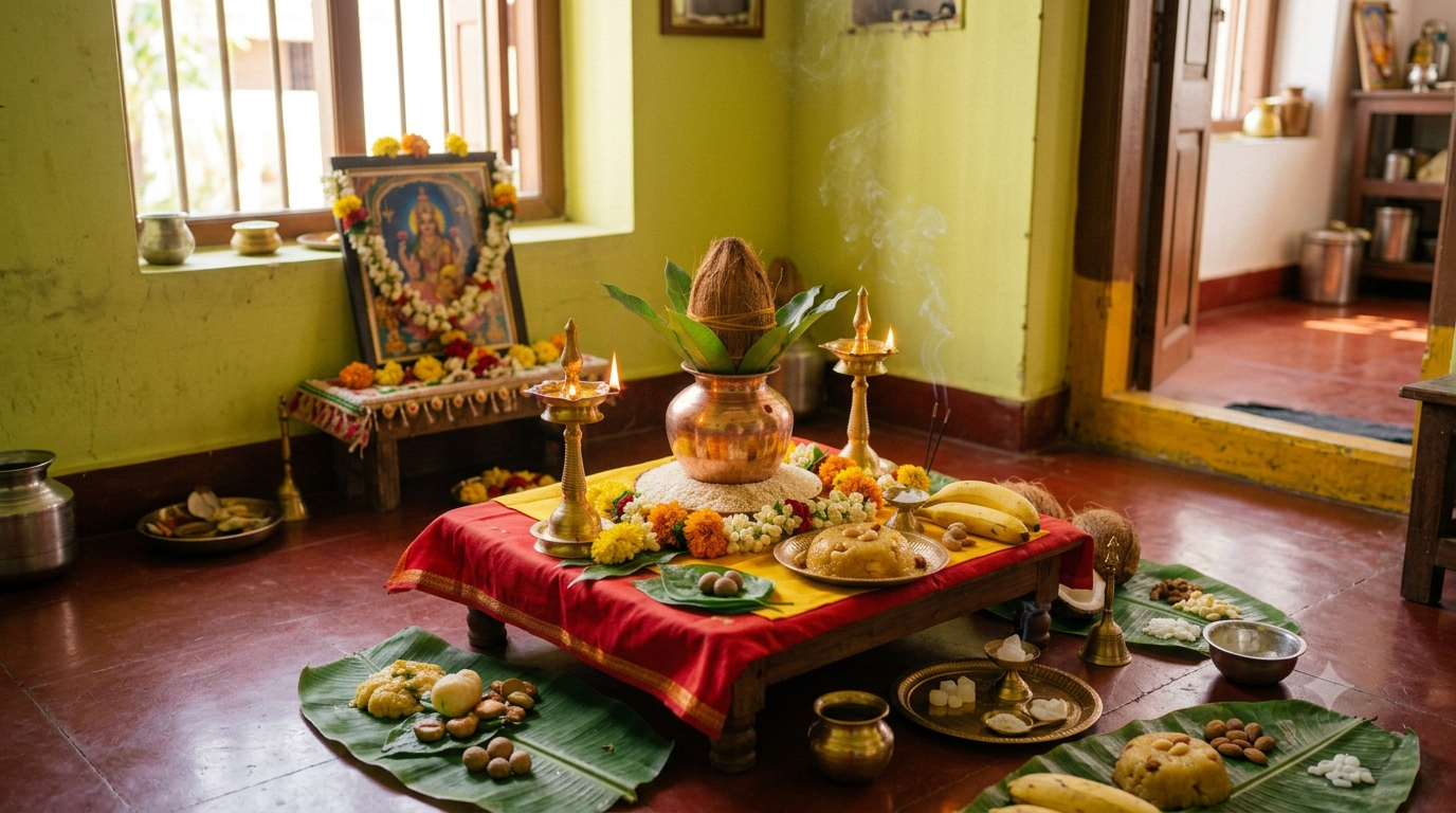 Satyanarayana Vratam home puja setup with kalasha, brass lamps, fruits and prasadam