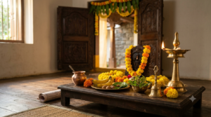 Vaikuntha Ekadashi vratam 2026 with Vishnu puja lamp, tulsi leaves and flowers