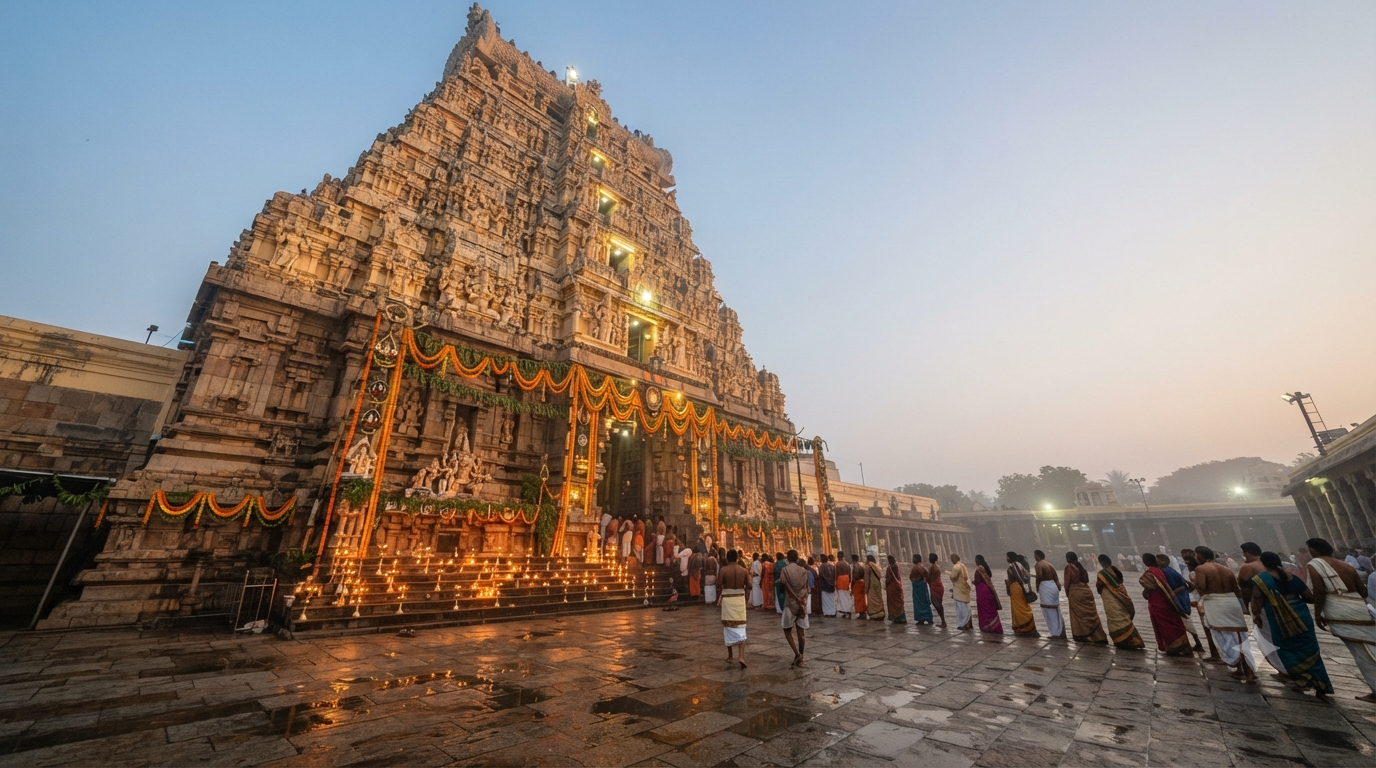 Devotees at the Vaikuntha Ekadashi Vratam gateway darshan, South Indian Vishnu temple