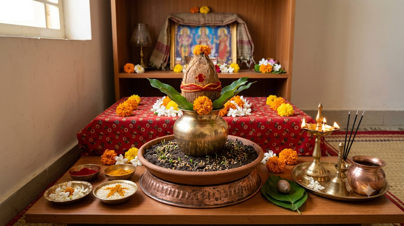 Navratri Ghatasthapana 2026 home kalash setup with grains