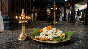 Sabarimala Ayyappa Sahasranamarchana symbolic offering with flowers and brass oil lamps