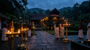 Sabarimala Harivarasanam evening prayer atmosphere with brass oil lamps at a Kerala hill temple