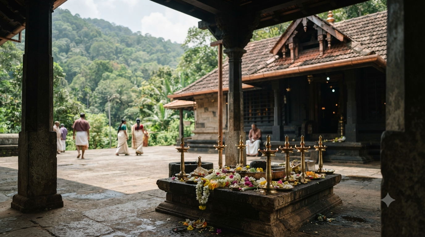Sabarimala Ucha Pooja symbolic midday worship scene with brass lamps and flowers