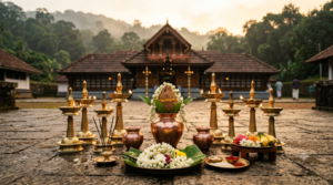 Sabarimala Udayasthamana Pooja with ceremonial vessels, flowers and traditional temple lamps
