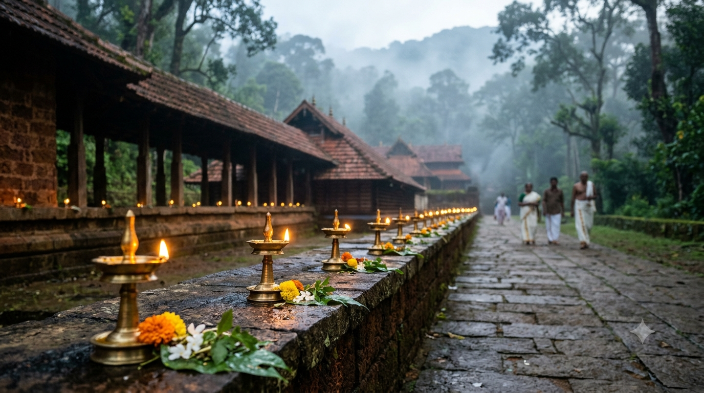 Sabarimala Usha Pooja morning worship atmosphere with traditional oil lamps and soft dawn light