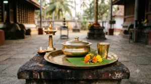 Sabarimala Vella Nivedyam symbolic food offering beside traditional brass temple lamps