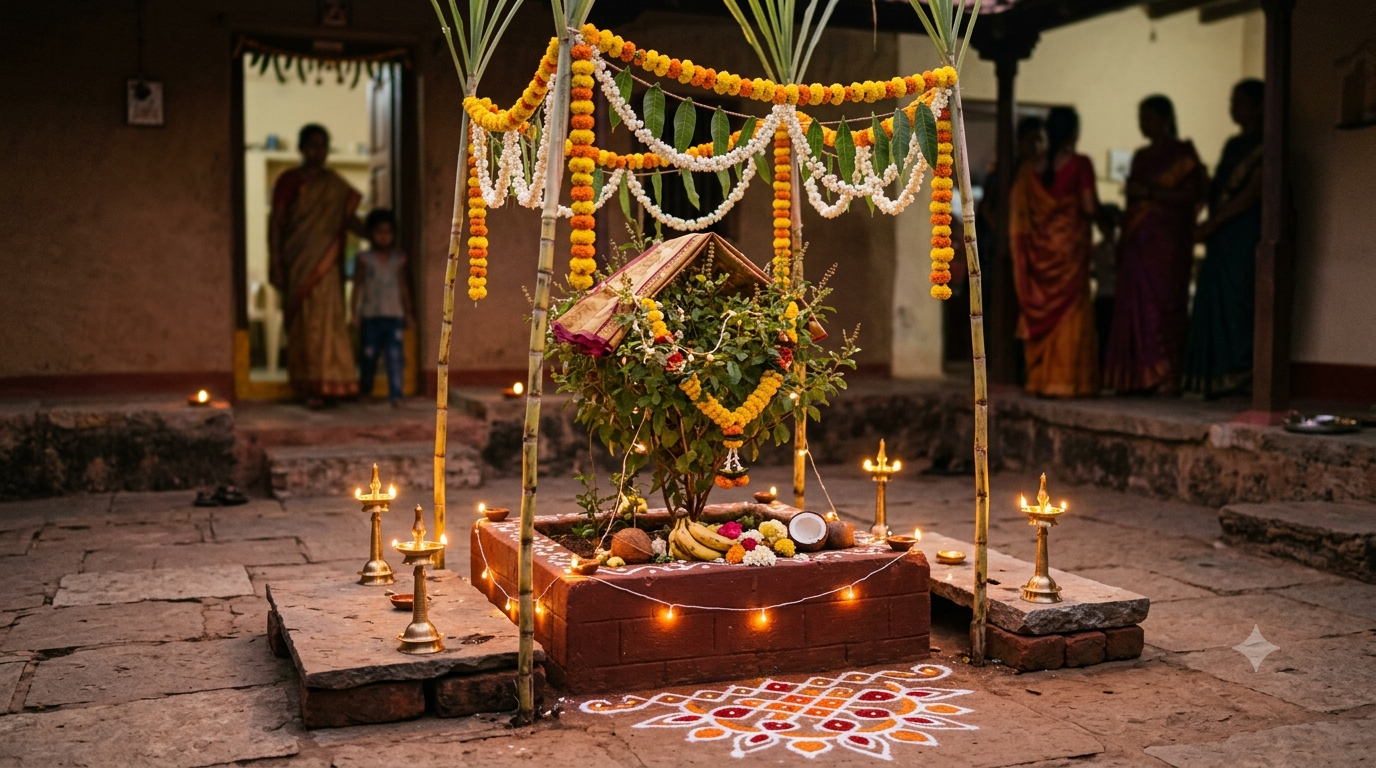 Tulsi Vivah 2026 home pooja with decorated Tulasi plant, flowers and lamps